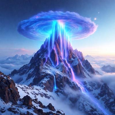 The primary subject of the image is a large, colorful, and glowing mountain. The mountain is surrounded by a cloudy sky, and its vibrant colors create a striking visual effect. The setting appears to be a mountainous landscape, with the mountain towering over the surrounding terrain. The visual style of the image is a combination of photo and digital art, creating a unique and captivating scene. The dominant colors in the image are purple, blue, and white, which contribute to the overall atmosphere of the image.